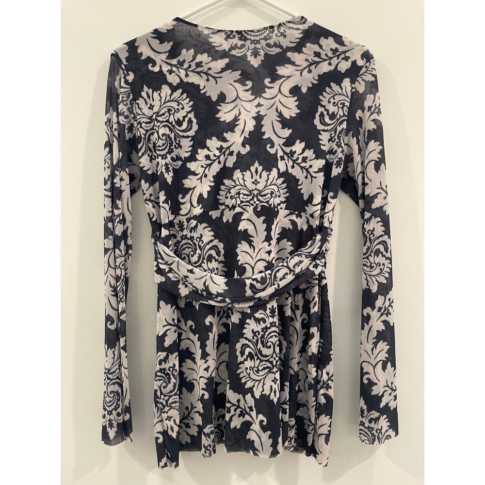 SALE Johnny Heaven Black Damask Sheer Knot Front Blouse Womens XL 00067 - Picture 2 of 6